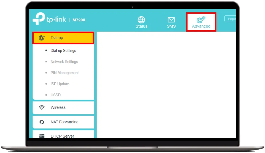 Navigace v administraci TP-Link M7200: výběr záložky Advanced a následně sekce Dial-up pro nastavení připojení k síti