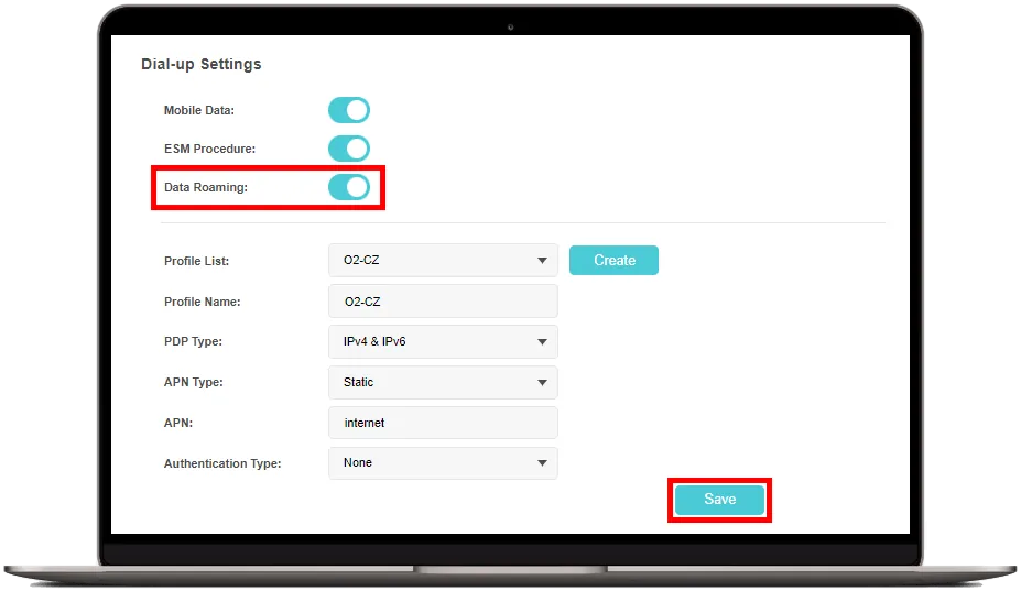 Zapnutí funkce Data Roaming v nastavení Dial-up routeru TP-Link M7200 a potvrzení tlačítkem Save