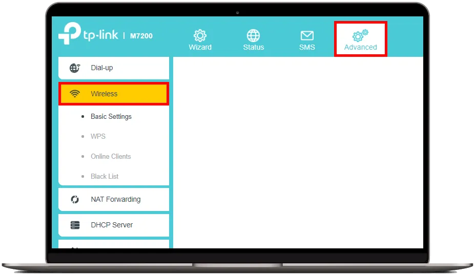 Navigace k nastavení Wi-Fi v administraci TP-Link M7200: cesta přes záložku Advanced do sekce Wireless