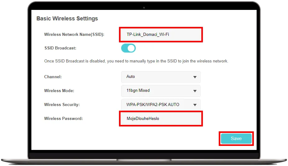 Změna názvu sítě SSID a hesla k Wi-Fi v administraci TP-Link M7200 s následným uložením tlačítkem Save