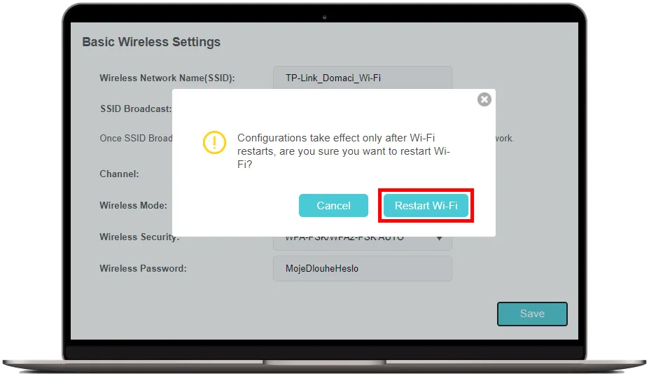 Potvrzení restartu Wi-Fi sítě pro aplikaci změn kliknutím na tlačítko Restart Wi-Fi v administraci TP-Link M7200