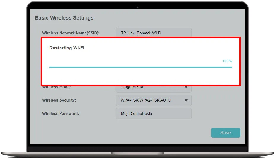 Indikátor průběhu restartování Wi-Fi sítě u routeru TP-Link M7200 po úspěšném dokončení na 100 %