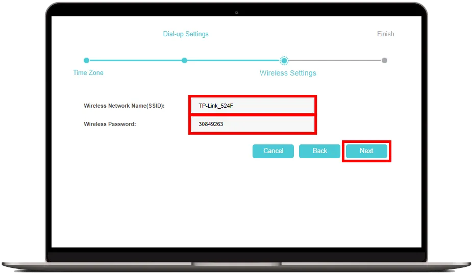 Nastavení názvu Wi-Fi sítě a hesla v průvodci instalací routeru TP-Link a pokračování tlačítkem Next