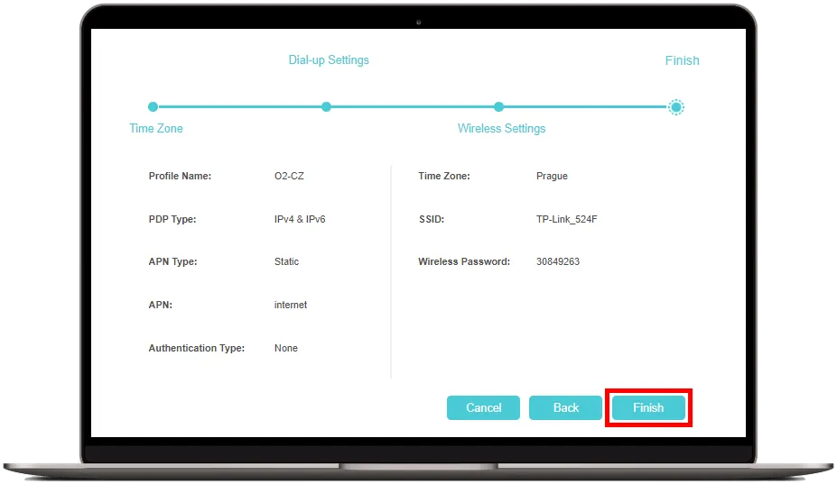 Souhrn nastavení v průvodci instalací TP-Link a dokončení celé konfigurace tlačítkem Finish
