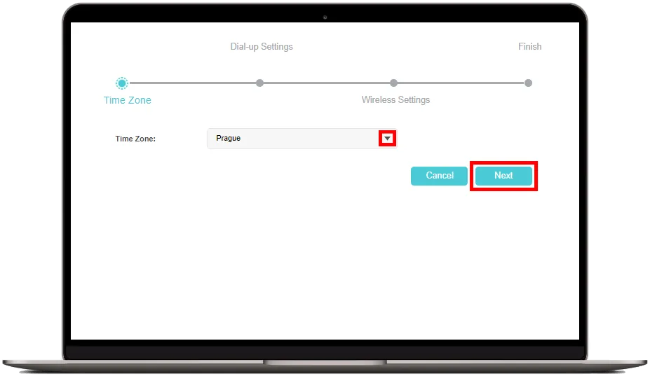 První krok průvodce nastavením TP-Link: výběr časového pásma Prague a pokračování tlačítkem Next