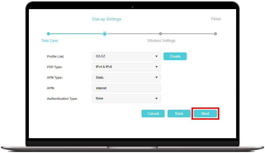 Nastavení profilu operátora a APN v průvodci instalací TP-Link a pokračování tlačítkem Next
