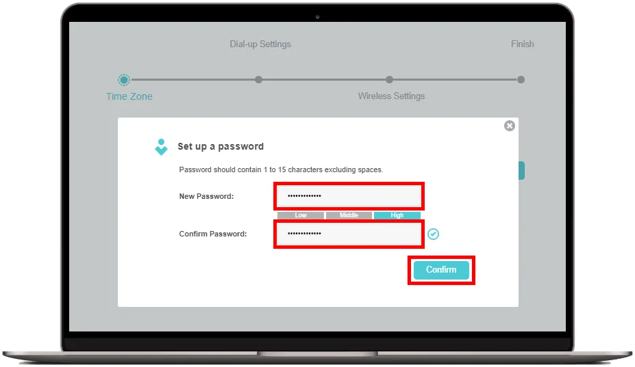 Nastavení nového administrátorského hesla (Set up a password) v průvodci instalací TP-Link a potvrzení tlačítkem Confirm