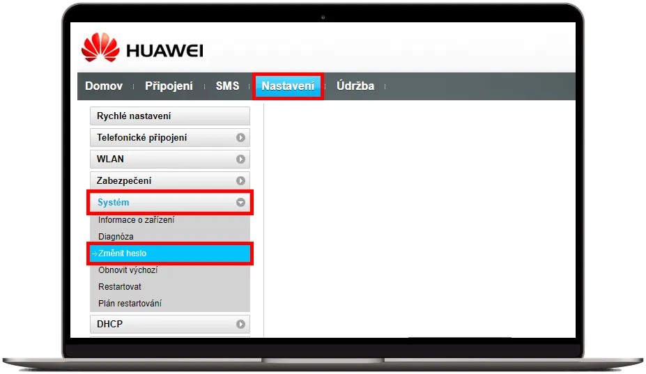 sekce nastavení a změn hesla