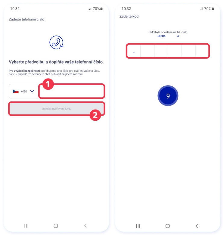 Zadávání telefonního čísla a kódu