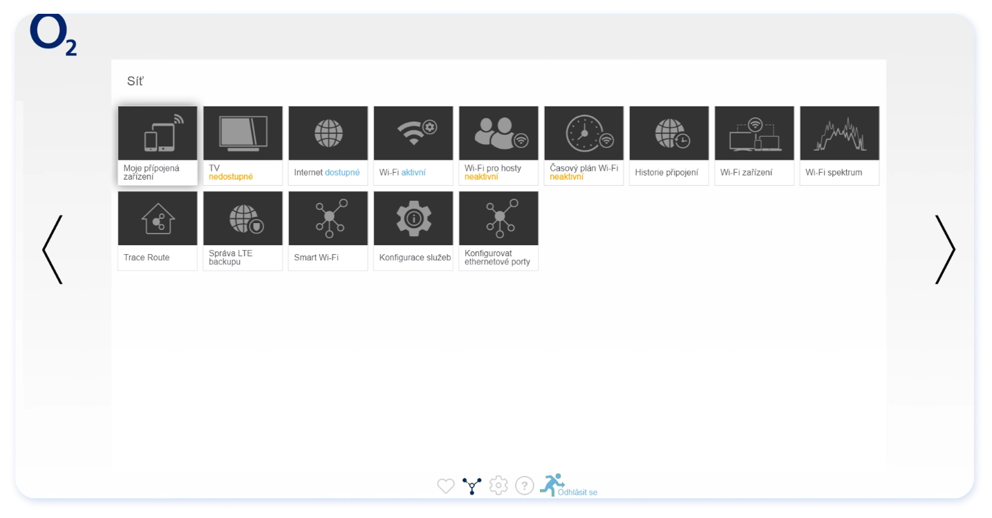 Seznam jednotlivých nastavení O2 Smart Boxu