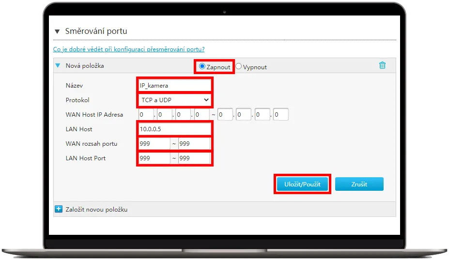 Vytvoření nové položky směrování