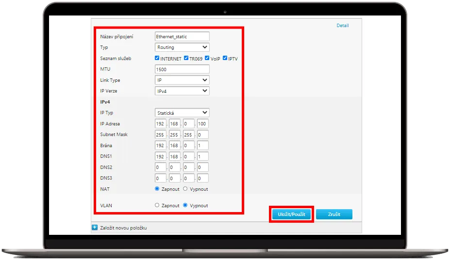 Vytvoření nové položky v sekci WAN