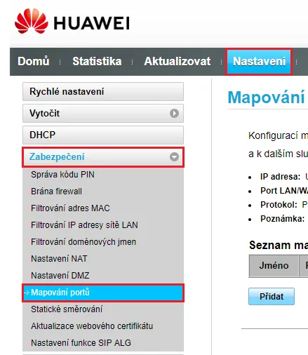 Sekce Mapování portů v nastavení zabezpečení antény