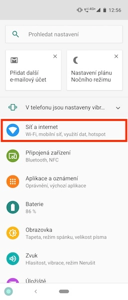 Označená sekce Síť a internet