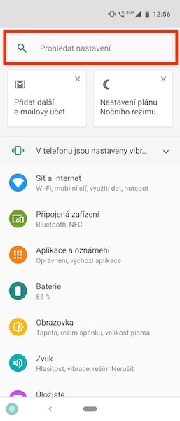 Vyhledávač v nastavení