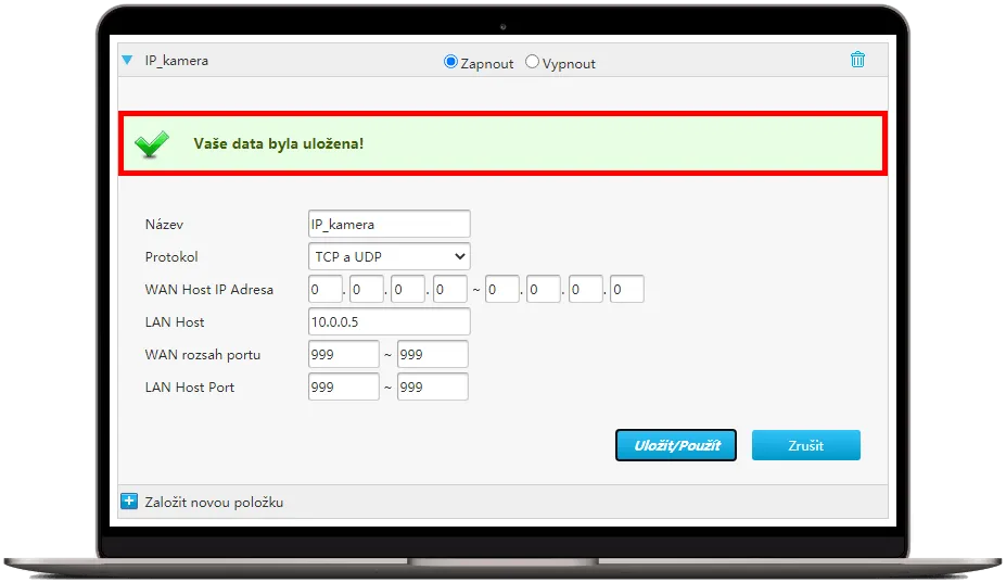 Potvrzení vytvoření nové položky směrování