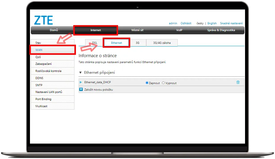 Sekce Ethernet v nastavení WAN u internetu