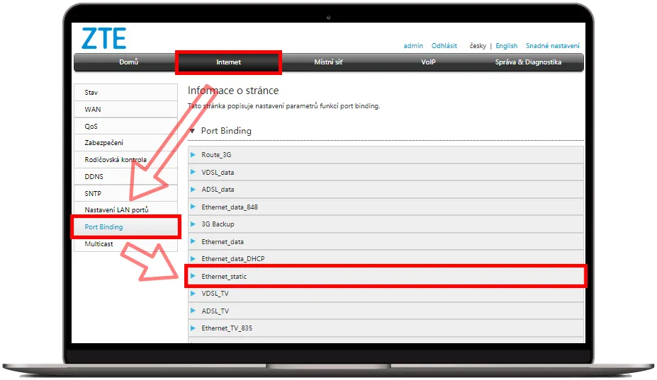 Sekce Port Binding v zláložce Internet