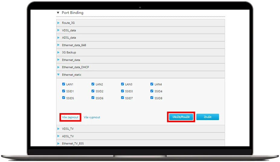 Přiřazení portů k rozhraní v sekci Port Binding