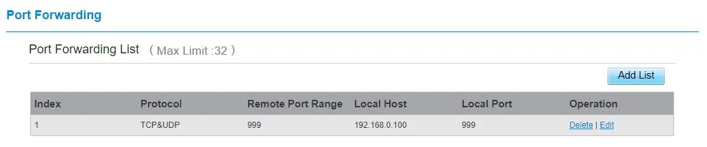 Seznam položek Port Forwardingu s nově vytvořenou položkou