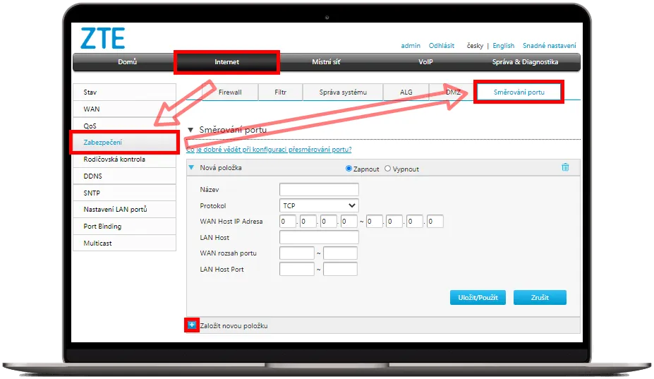 Nastavení směrování portu v pokročilém nastavení zabezpečení