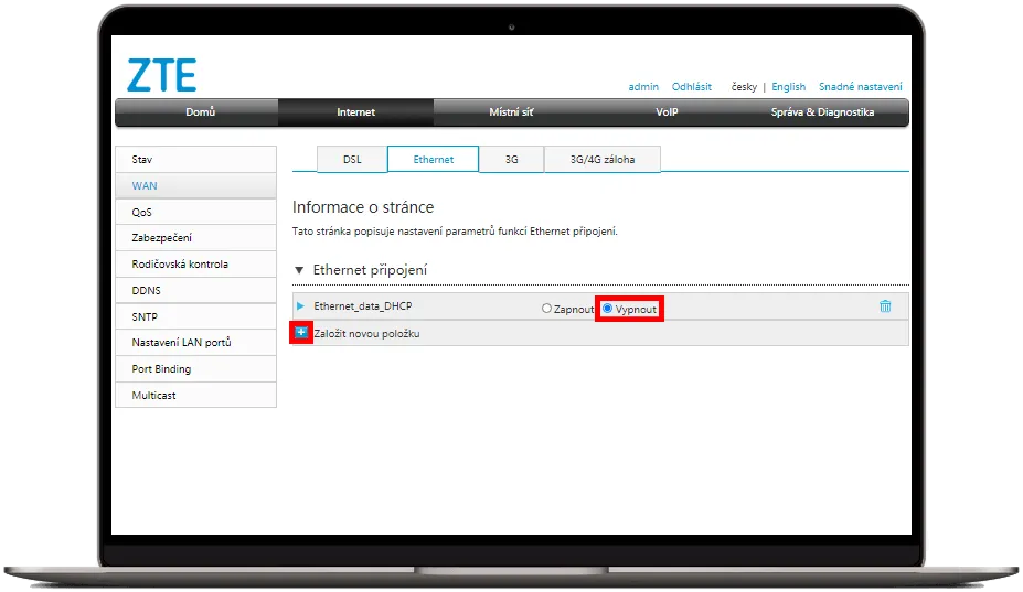Vypnutí položky Ethernet_DHCP a založení nové položky