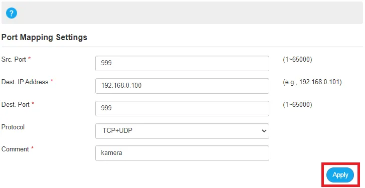 Vyplnění formuláře pro novou položku Port mappingu