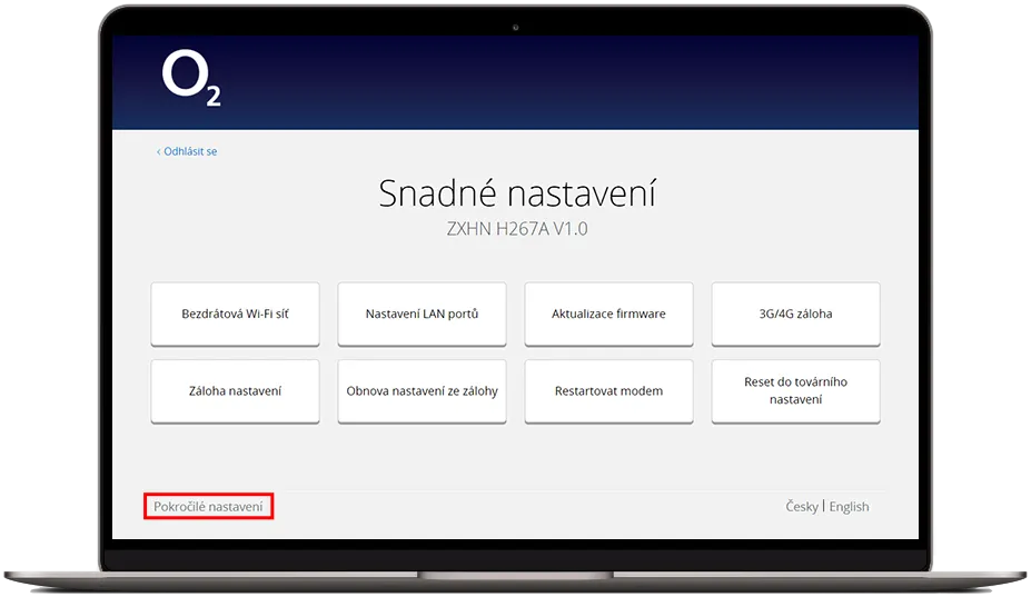Výběr zobrazení pokročilého nastavení modemu