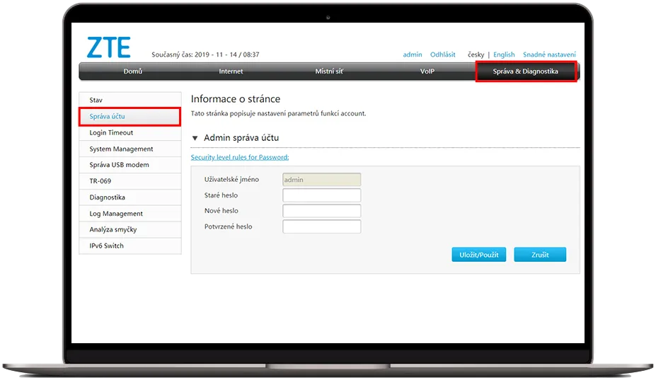 Položka Správa účtu v sekci Správa & Diagnostika