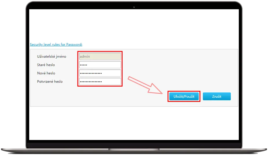 Zadání starého a nového hesla do konfigurace