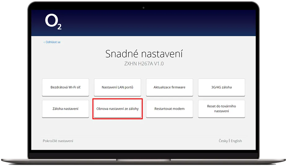 Výběr obnovy nastavení ze zálohy v konfiguraci modemu