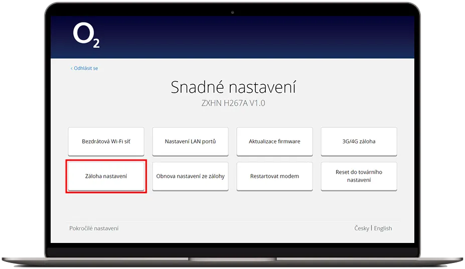 Výběr zálohy nastavení v konfiguraci modemu