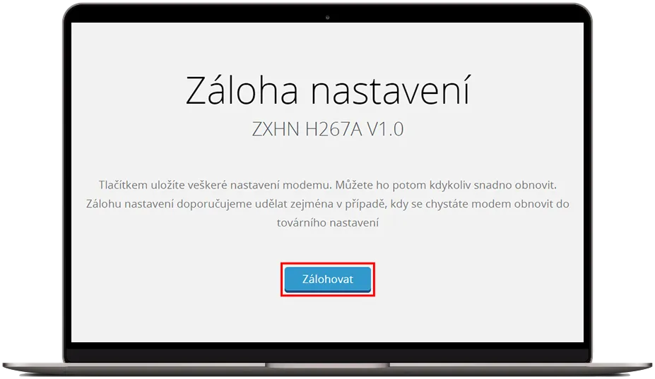 Úvodní obrazovka pro zálohu nastavení