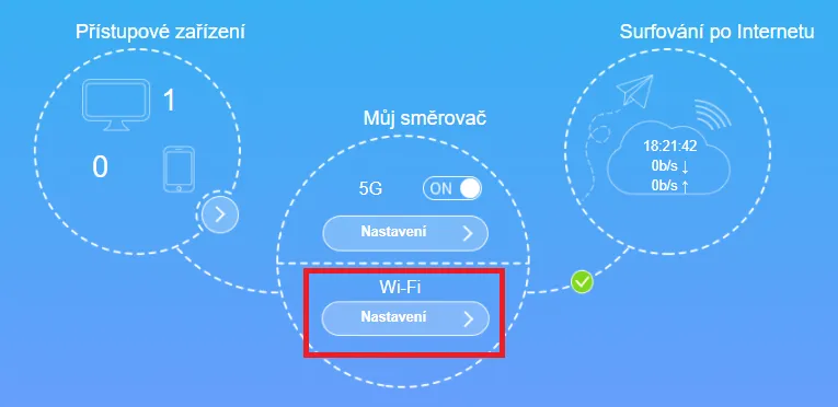 Výběr sekce Nastavení v modemu 5G