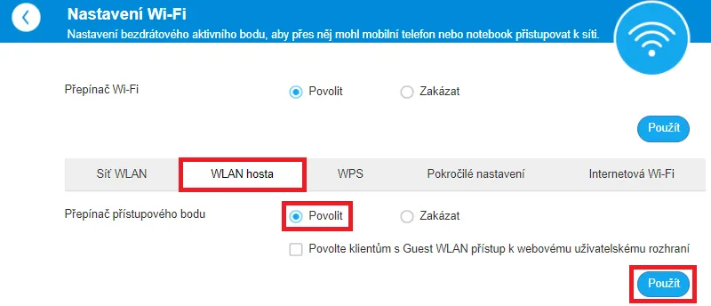 Povolení WLAN hosta v nastavení modemu