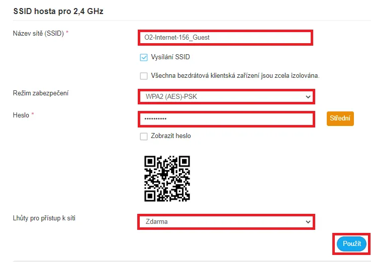 Formulář pro nastavení WLAN hosta