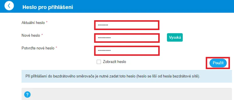 Formulář pro změnu hesla pro přihlášení