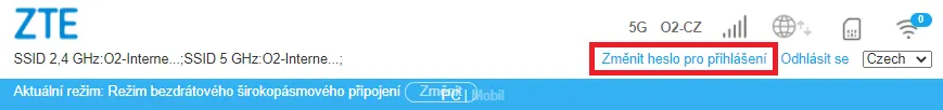 Položka Změnit heslo pro přihlášení v nastavení modemu
