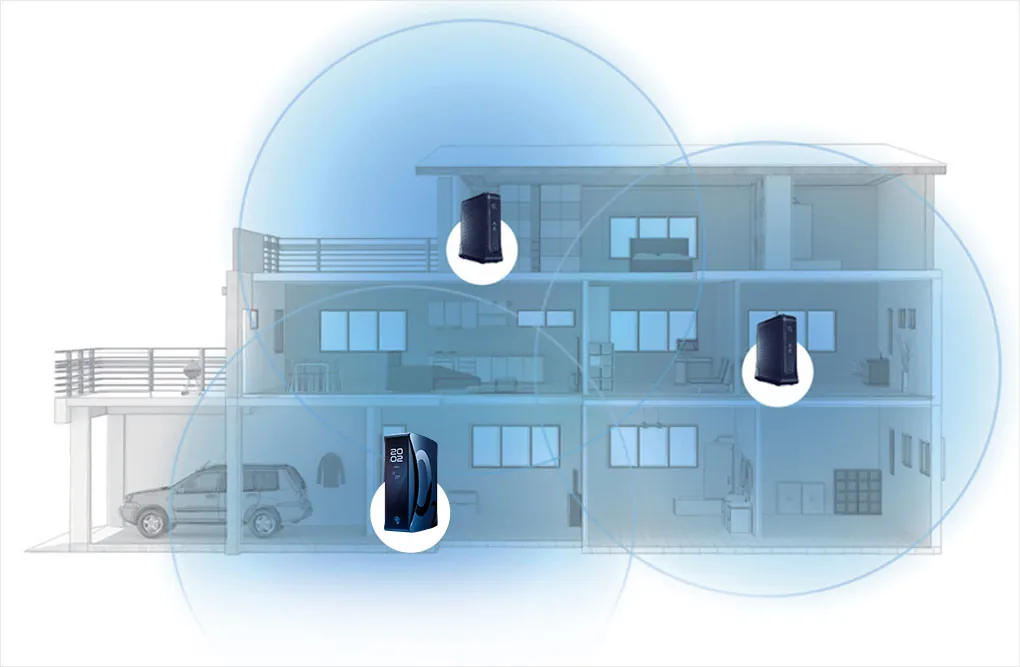 Vizualizace Wi-Fi Mesh systému v patrovém domě: hlavní O2 Smart Box v přízemí a dva doplňkové O2 Smart Boostery zajišťující plné pokrytí signálem