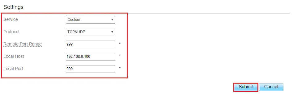 Vyplnění formuláře pro novou položku Port Forwardingu