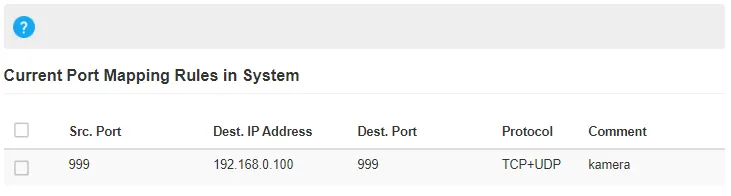Seznam pravidel Port mappingu s nově vytvořenou položkou