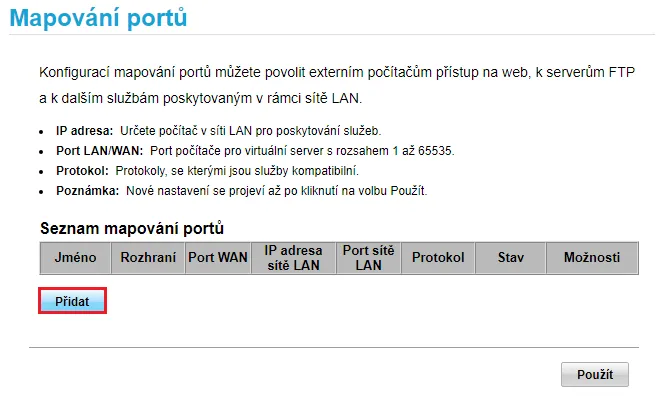Přidání nové položky k mapování portů