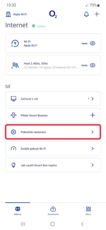 Sekce Pokročilé nastavení v aplikaci