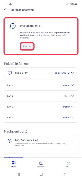 Zapnutí funkce Inteligentní Wi-Fi v mobilní aplikaci O2 Smart Box kliknutím na tlačítko Vypnout