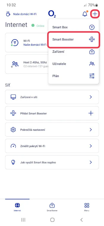 Postup přidání Smart Boosteru v aplikaci O2: kliknutí na ikonu plus a výběr položky Smart Booster v rozbalovacím menu