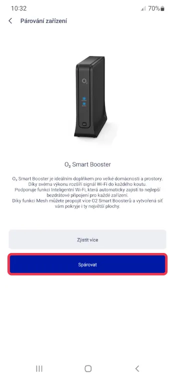 Zahájení párování O2 Smart Boosteru v aplikaci kliknutím na modré tlačítko Spárovat