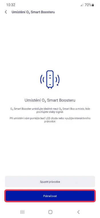 Obrazovka v aplikaci O2 s radami pro správné umístění Smart Boosteru a zvýrazněným tlačítkem Pokračovat