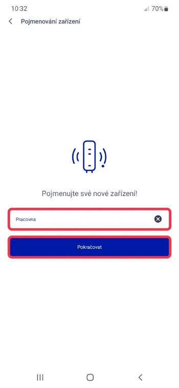 Pojmenování nového Smart Boosteru v aplikaci O2 (např. Pracovna) a potvrzení tlačítkem Pokračovat