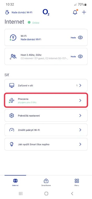Zobrazení nově přidaného Smart Boosteru s názvem Pracovna v přehledu sítě aplikace O2 Smart Box