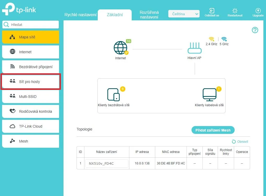obrázek nastavení sítě pro hosty